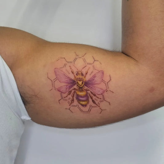 Small Color Realism Bee and Honeycomb on Women Arm Tattoo by @lorperala