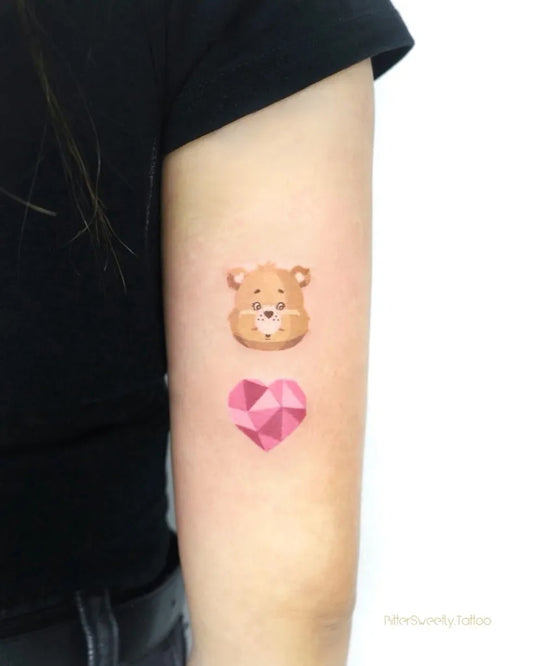 Small Colorful Bear and Heart Tattoo on Women Arm by @bittersweetly.tattoo