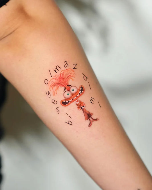 Small Colorful Cartoon Chicken Word Tattoo on Women Arm by @tulaayart.stp