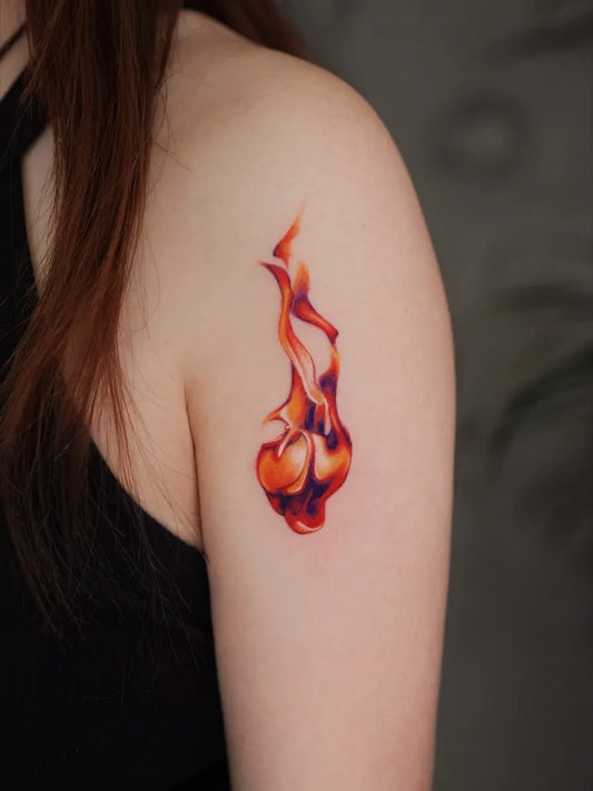 Small Colorful Flame Tattoo on Women Shoulder by @newtattoo_yangyang