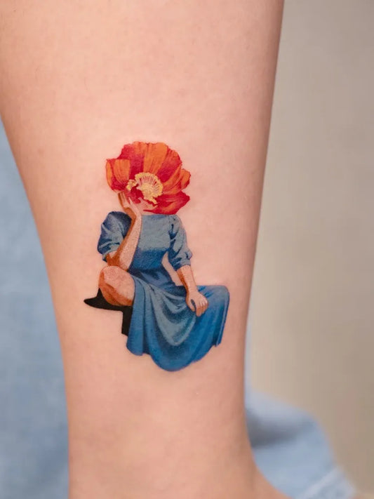 Small Colorful Flower Headed Woman Tattoo on Women Leg by @newtattoo_lu
