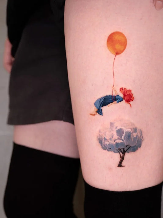 Small Colorful Girl with Balloon and Cloud Tree Tattoo on Women Thigh by @newtattoo_lu