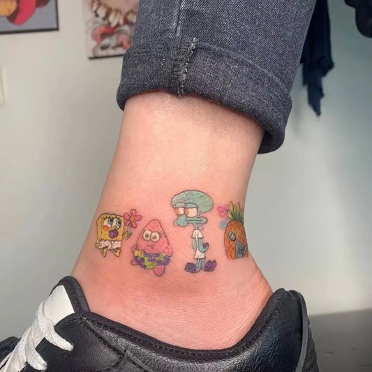 Small Colorful SpongebobPatrickSquidward Tattoo on Women Ankle by @jupiter_tatt