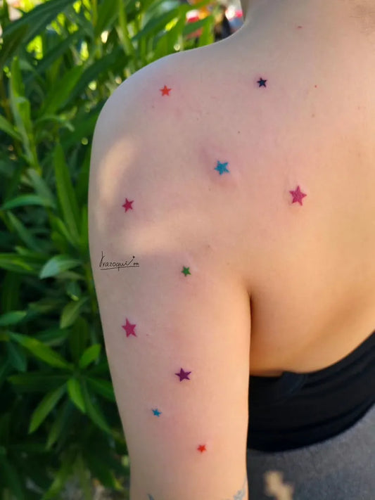 Small Colorful Star Constellation Tattoo on Women Shoulder by @irazoqui.ink