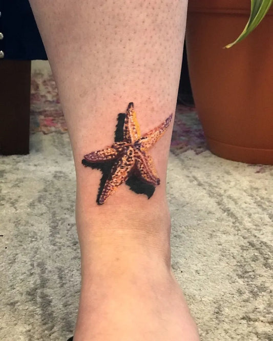 Small Colorful Starfish Nautical Tattoo on Women Ankle by @southofheavencc