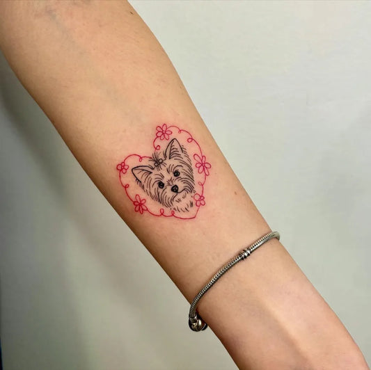 Small Colorful Yorkie Heart Tattoo on Women Arm by @giz.tattoo