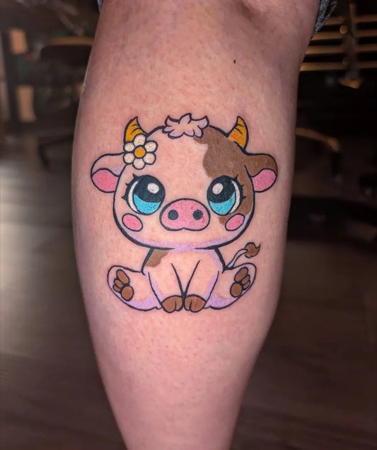 Small Cute Cow Tattoo on Women Calf by @timelesstattoos