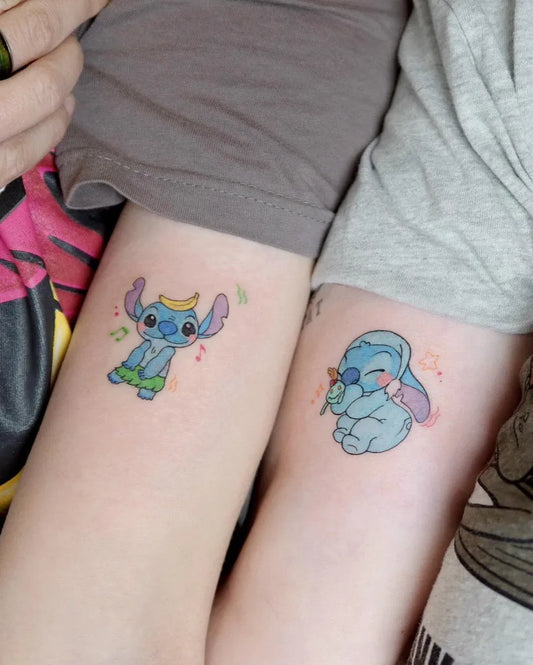 Small Cute Stitch and Lilo on Couple Arms Matching Tattoo by @mini.b_tats