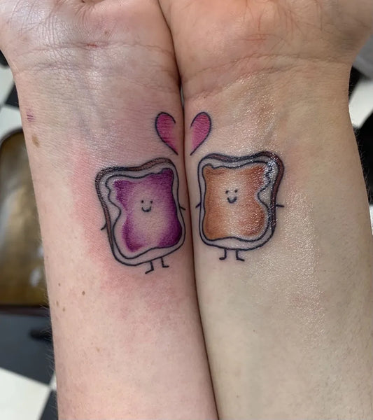Small Cute Toast and Jelly on Women Wrist Tattoo by @diamonddavetats