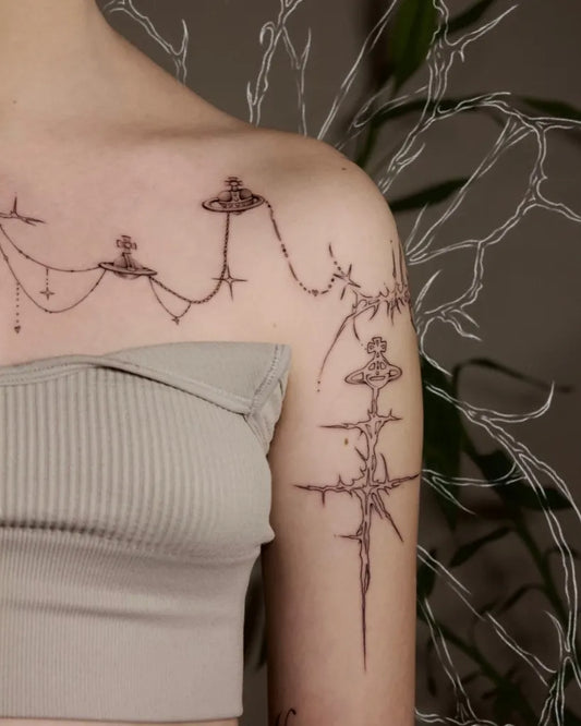 Small Cyber Sigilism Barbed Wire on Women Shoulder Tattoo by @mezrxz.tattoo