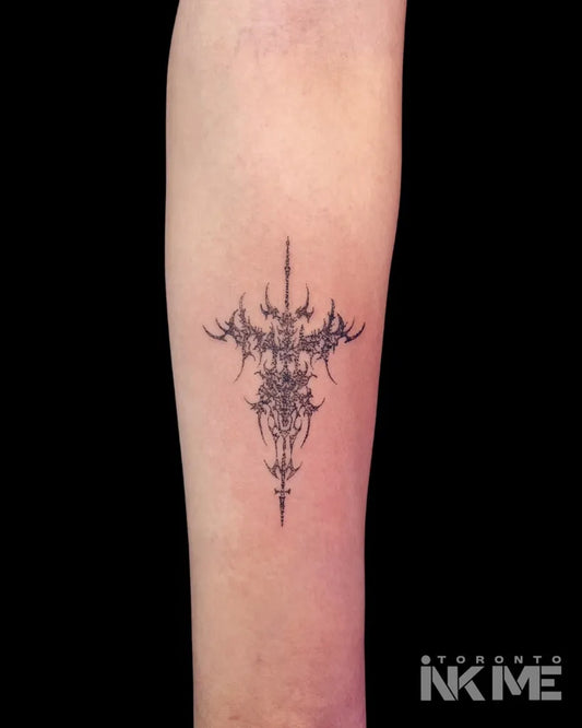 Small Cyber Sigilism Cross on Women Arm Tattoo by @inkmetoronto