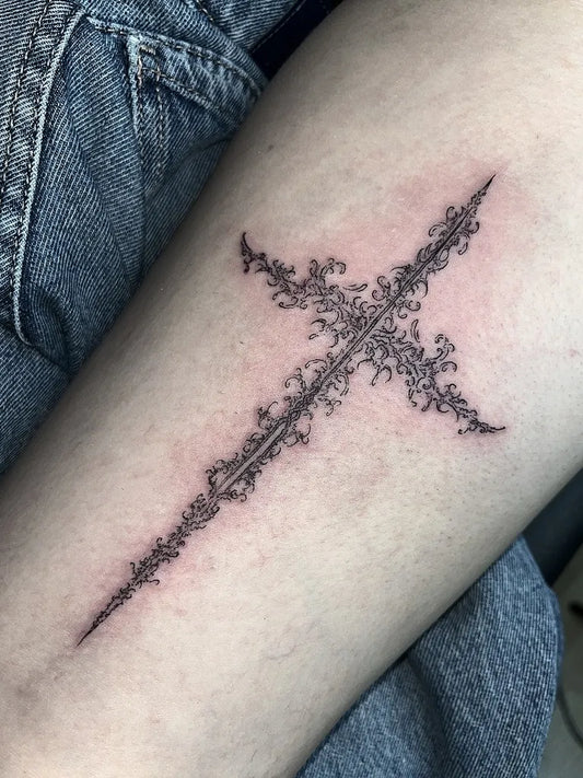 Small Cyber Sigilism Cross on Women Arm Tattoo by @odetotattoo