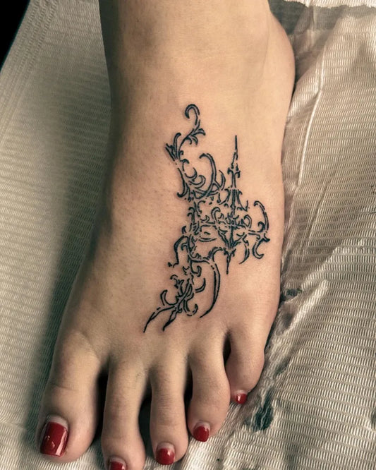 Small Cyber Sigilism Floral Vine Tattoo on Women Foot by @loveecraft__