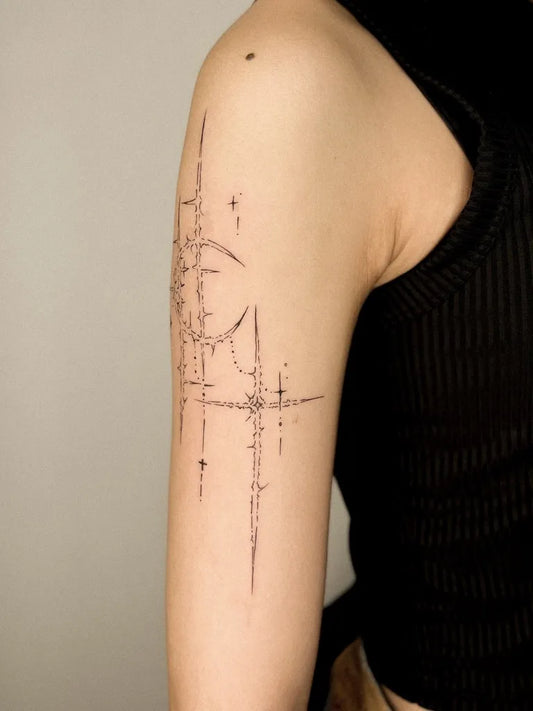 Small Cyber Sigilism Moon on Women Shoulder Tattoo by @tangkytattoo