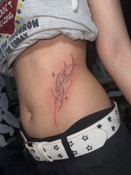 Small Cyber Sigilism Stars on Women Waist Tattoo by @lbh_tattoo