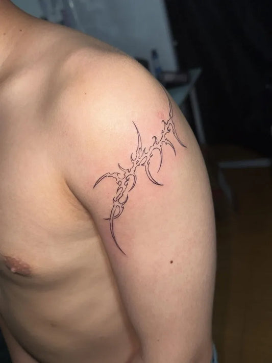 Small Cyber Sigilism on Men Shoulder Tattoo by @lbh_tattoo