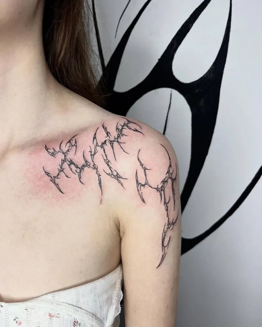 Small Cyber Sigilism on Women Shoulder Tattoo by @naivtattoos