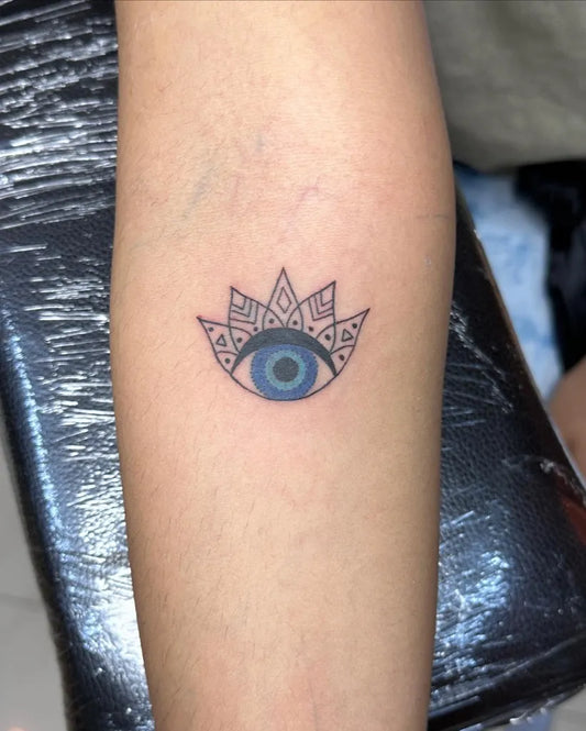 Small Delicate Evil Eye Mandala on Women Forearm Tattoo by @inkvilletattoostudio