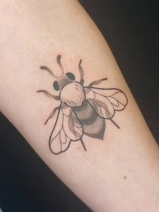 Small Dotwork Bee on Women Arm Tattoo by @fulifulitattoo