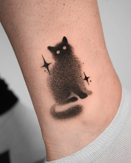 Small Dotwork Cat with Stars Tattoo on Women Arm by @duzo.kropek.malo.kresek