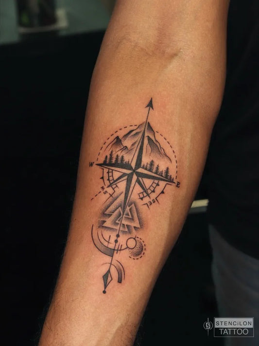 Small Dotwork Compass Mountains on Men Forearm Tattoo by @stencilontattoo
