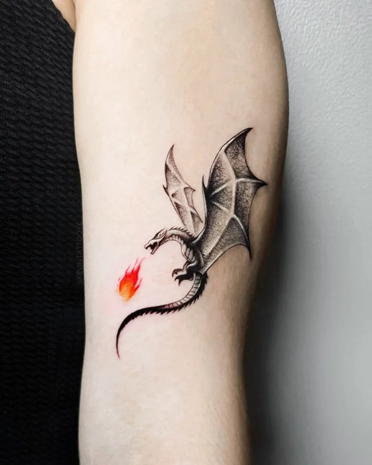 Small Dotwork Dragon Tattoo on Women Arm by @kevintattoo.ec