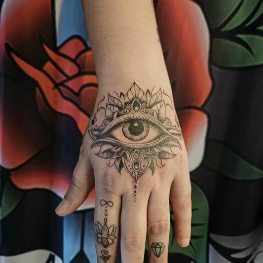 Small Dotwork Evil Eye Mandala Infinity on Women Hand Tattoo by @pete_explicitink