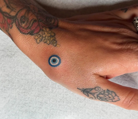 Small Dotwork Evil Eye on Women Hand Tattoo by @lanisdi