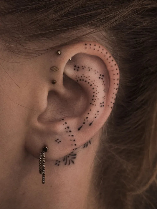 Small Dotwork FloralDots Tattoo on Women Behind the Ear by @melpzvc