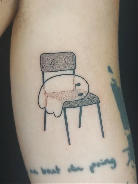 Small Dotwork Ghost on Chair Tattoo on Women Arm by @inker_land