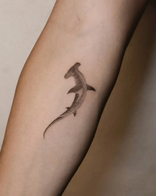 Small Dotwork Hammerhead Shark on Women Arm Tattoo by @bless_dot