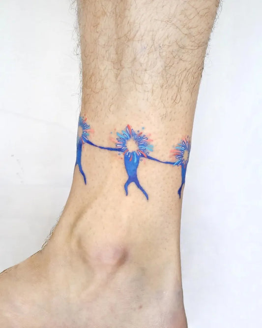 Small Dotwork Holding Hands Figures Tattoo on Men Ankle by @aroha_tattoo