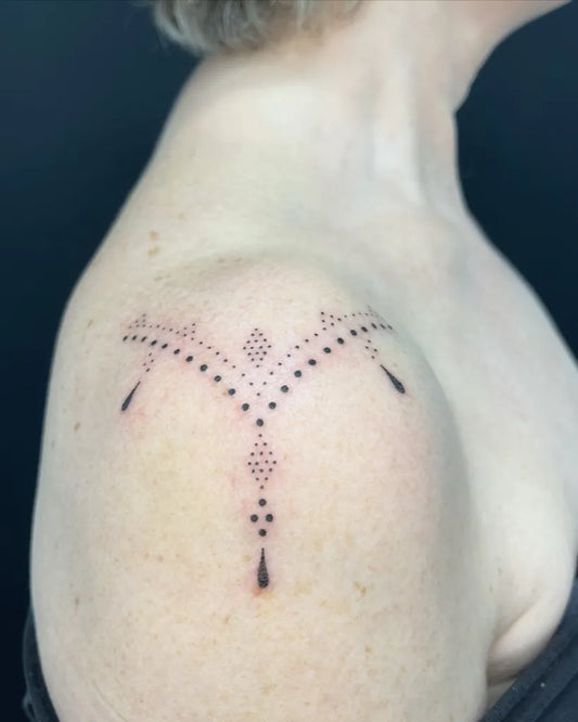Small Dotwork Mandala Tattoo on Women Shoulder by @indigoforevertattoos
