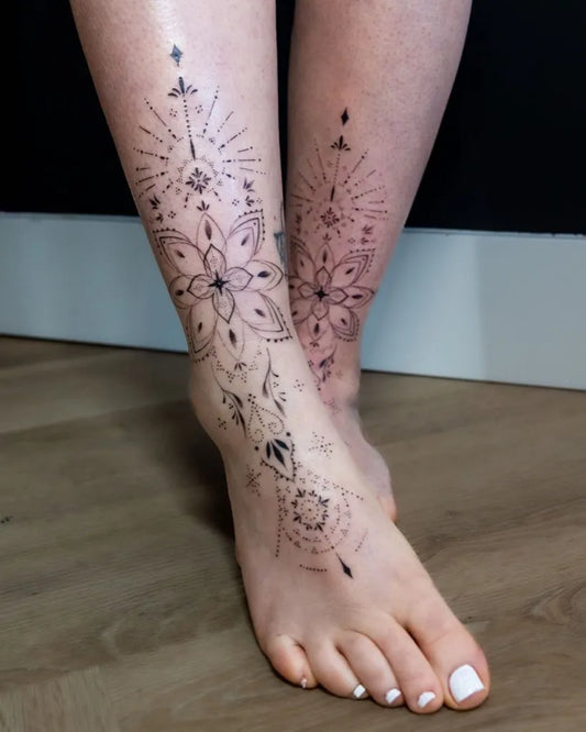 Small Dotwork MandalaTattoo on Women Ankle by @inked.fox