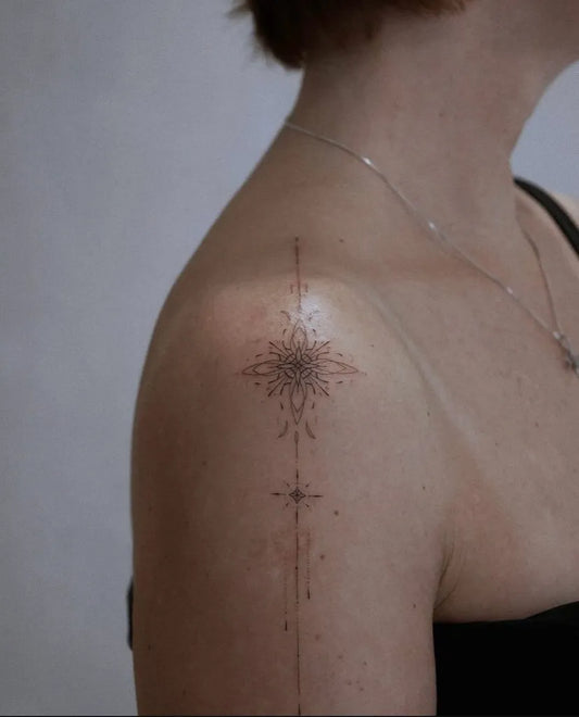 Small Dotwork MandalaTattoo on Women Shoulder by @jannyhart_