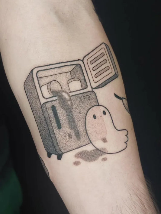 Small Dotwork Microwave Ghost Tattoo on Men Arm by @fulifulitattoo