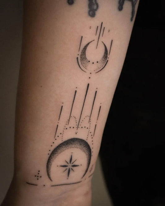 Small Dotwork Moon and Stars Tattoo on Women Wrist by @cocotattooer