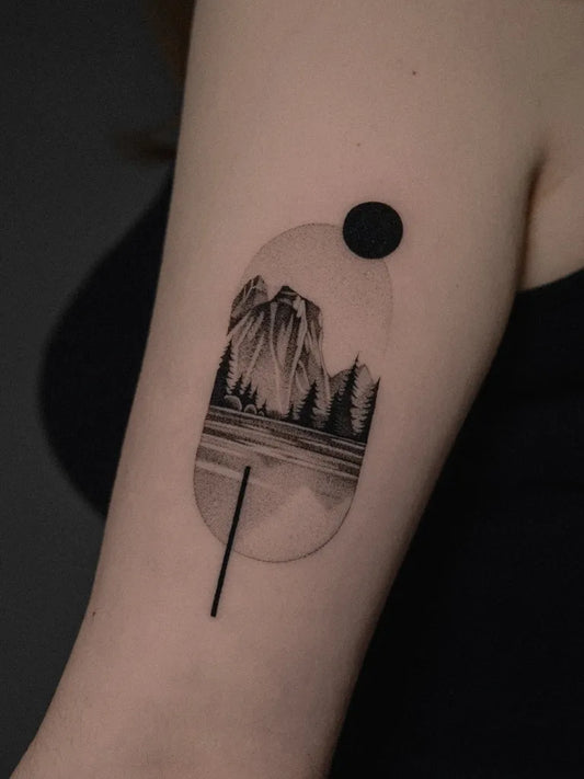 Small Dotwork Mountain and Trees Tattoo on Women Arm by @_fifne