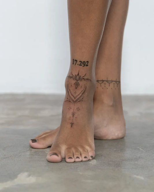 Small Dotwork Numbers Mandala Cross Tattoo on Women Foot by @loftn5tattoo_bali