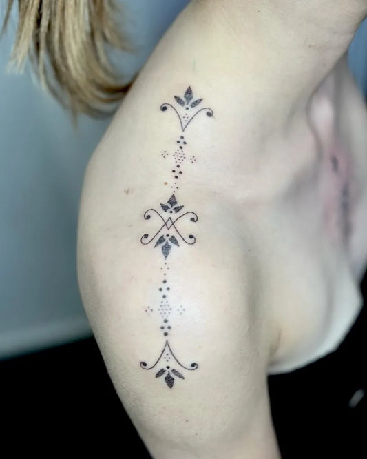 Small Dotwork Ornamental Tattoo on Women Shoulder by @indigoforevertattoos