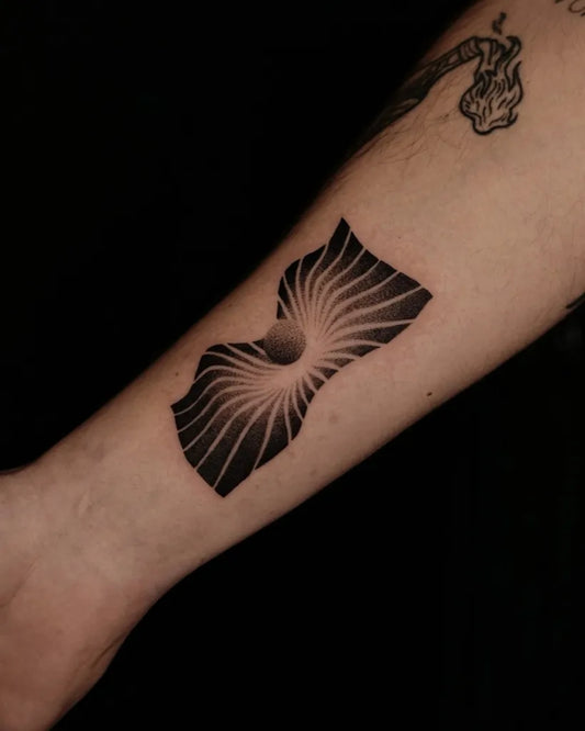 Small Dotwork RhodeIslandStateTattoo on Men Arm by @gutgutgutt