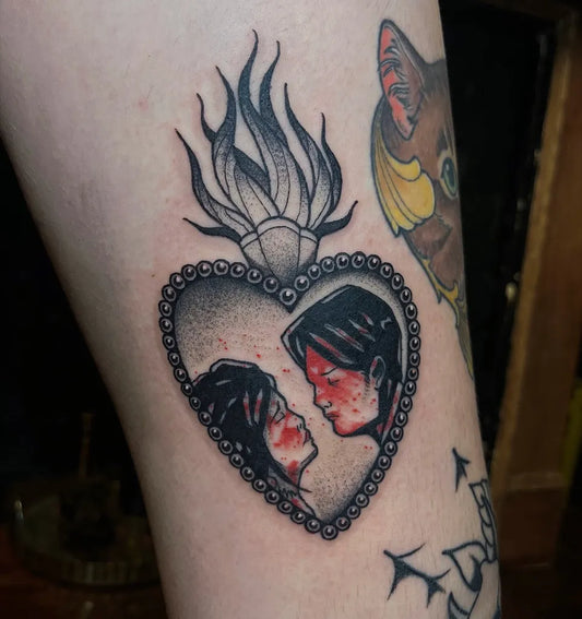 Small Dotwork Sacred Heart with Lovers Tattoo on Women Thigh by @darrkarts