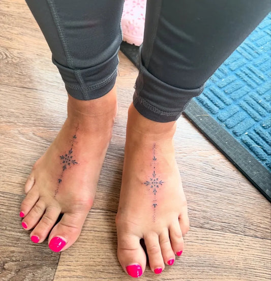 Small Dotwork Star Line Tattoo on Women Foot by @inkenvy.by.verity