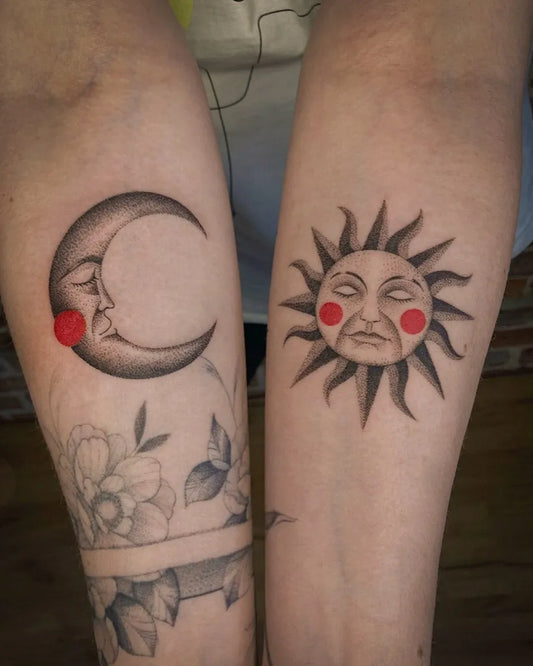 Small Dotwork Sun Moon and Flowers on Women Arm Tattoo by @rysy.tattoo
