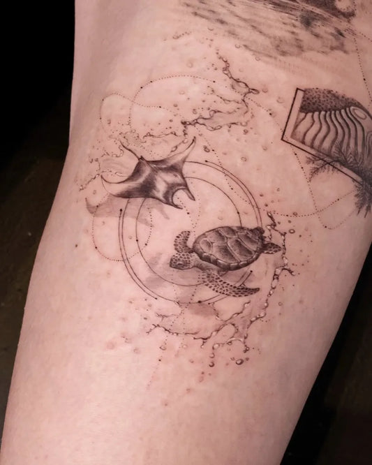 Small Dotwork Turtle and Stingray Tattoo on Women Arm by @eggsy_tattoo