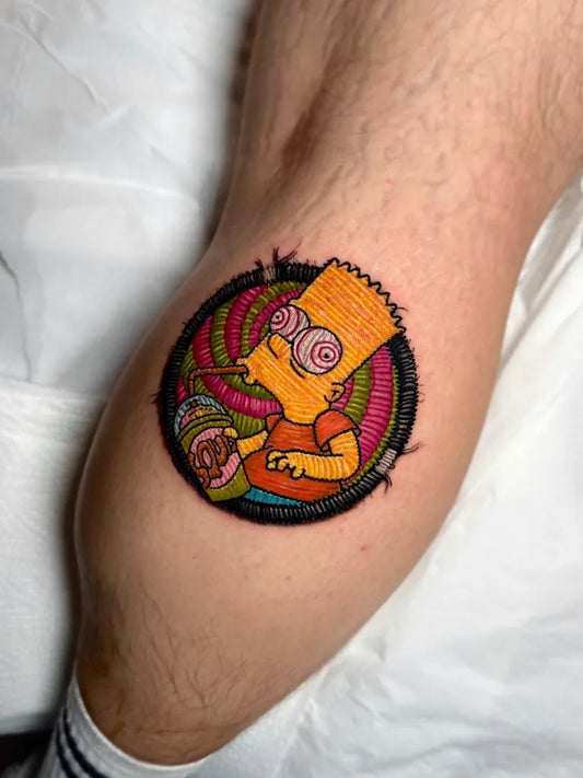 Small Embroidery Bart Simpson with Spiral Eyes and Donut Men Thigh Tattoo on by @_richmccann