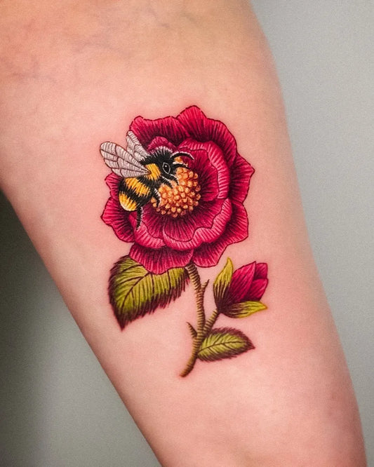 Small Embroidery Bee and Rose Tattoo on Women Arm by @gyeong_.tt