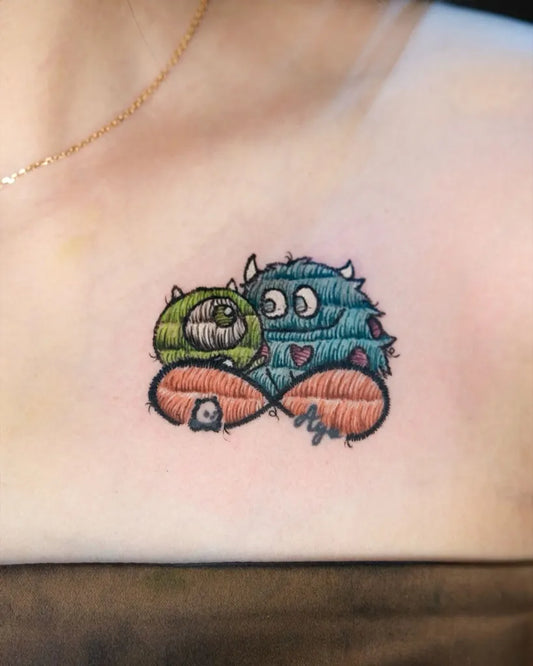 Small Embroidery Blue Monster Green Turtle Infinity Tattoo on Women Shoulder by @blockbusterink