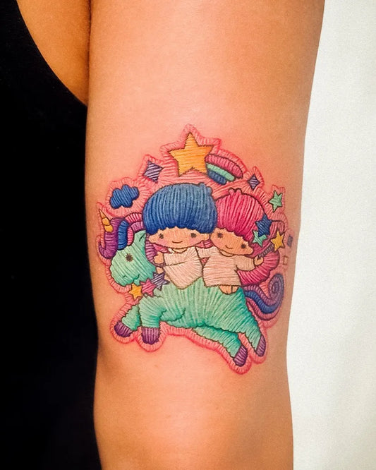 Small Embroidery Twins on Unicorn Women Arm by @gyeong_.tt