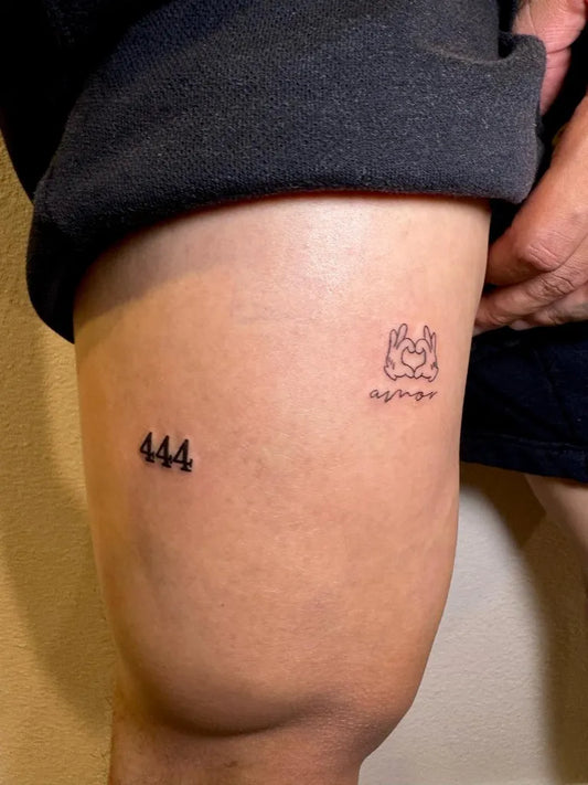 Small Fine Line 444 Angel Wings on Women Thigh Tattoo by @tattsbyila